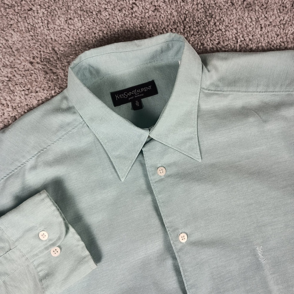 Yves Saint Laurent Button Down Men XL Seafoam Green Excellent Logo Long Sleeve